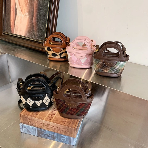 Mini Borsa A Secchiello Tracolla Per Bambini Pelle PU Motivo A Rombi Quadri Leopardo Moda Bambine