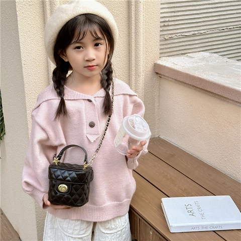 Girls Mini Quilted Crossbody Bag PU Leather Rhombus Pattern Gold Chain Strap Elegant Small Shoulder Purse For Kids