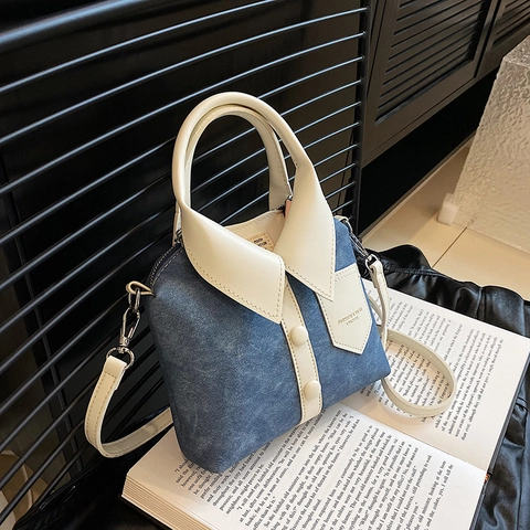 Creative Shirt Shape Plaid Crossbody Handbag With Top Handle Denim Contrast Fabric PU Leather Novelty Shoulder Bag