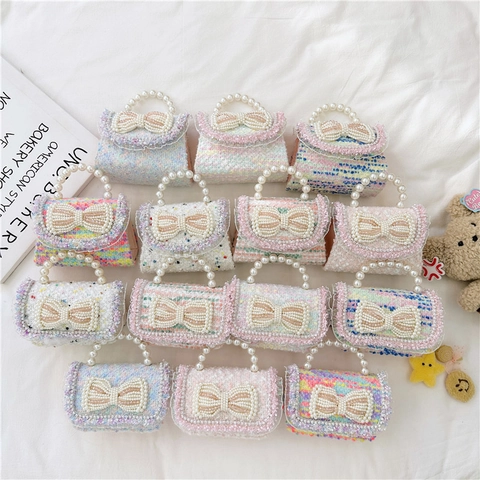 Sac À Épaule Pour Enfants Tweed Paillettes Poignée Künstliche Perles Noeud Mini Sac Bandoulière Pour Filles Style Princesse
