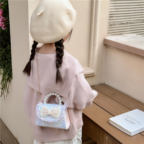 Sac À Épaule Pour Enfants Tweed Paillettes Poignée Künstliche Perles Noeud Mini Sac Bandoulière Pour Filles Style Princesse