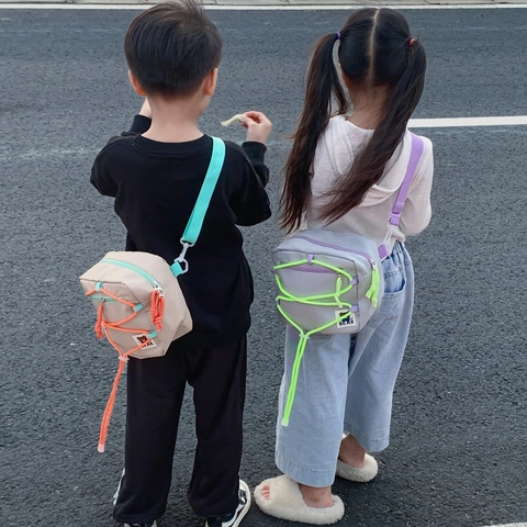 Kids Crossbody Bag Nylon Canvas Trendy Contrast Drawstring Bear Patch Square Casual Shoulder Bag For Boys Girls