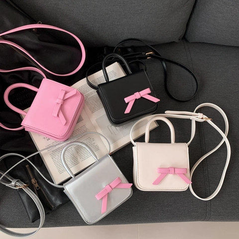 Women Mini Crossbody Bag Sweet Pink Bow Contrast Color PU Leather Square Top Handle Small Handbag Y2K Fashion