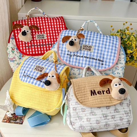 Kids Backpack Quilted Cotton Plaid Gingham Cute Dog Plush Charm Embroidered Kindergarten School Bag For Boys Girls