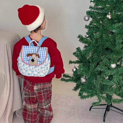 Kids Backpack Quilted Cotton Plaid Gingham Cute Dog Plush Charm Embroidered Kindergarten School Bag For Boys Girls