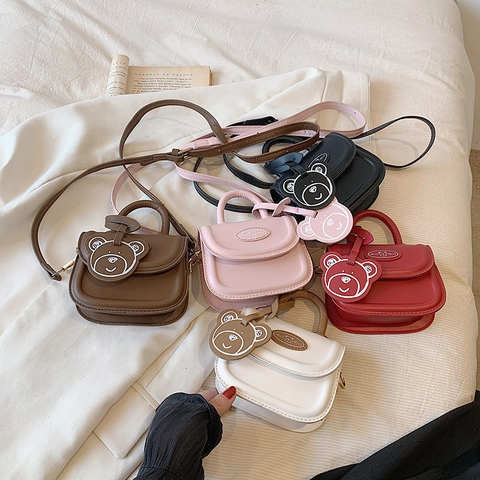 Kids Mini Crossbody Bag PU Leather Handbag Cute Bear Charm Adjustable Strap Toddler Girls Small Shoulder Pouch
