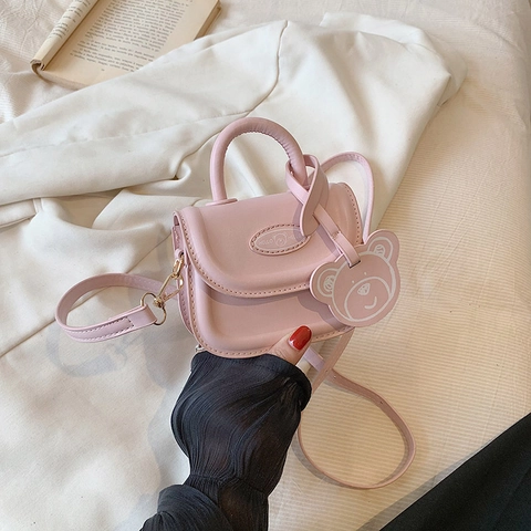 Kids Mini Crossbody Bag PU Leather Handbag Cute Bear Charm Adjustable Strap Toddler Girls Small Shoulder Pouch