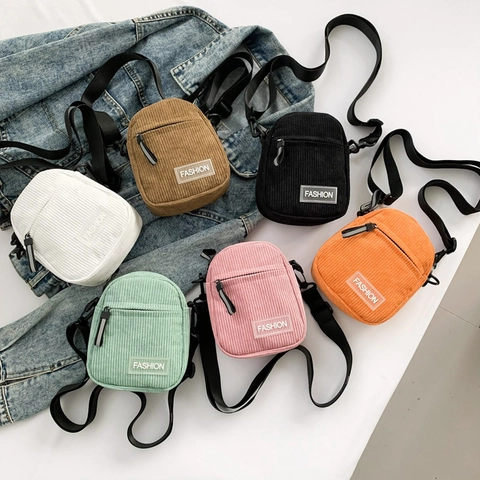 Women Girls Corduroy Small Crossbody Bag Simple Casual Phone Pouch With Adjustable Strap