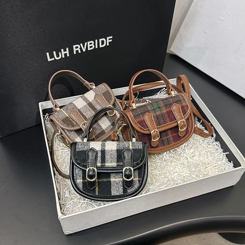 Mini Borsa A Mano Borsa A Tracolla In Tweed Di Lana A Quadri Pelle PU Fibbie Vintage Tracolla Per Bambine