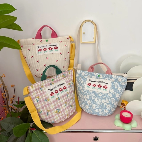 Schoudertas Voor Kinderen Gewatteerde Katoenen Canvas Bloemen Rasterprint Grote Capaciteit Verstelbare Riem Meisjes