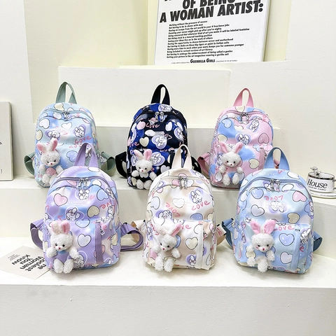 Kids Backpack Nylon Gradient Cartoon Rabbit Heart Pattern School Bag Kindergarten Toddler Girls With Plush Bunny Toy