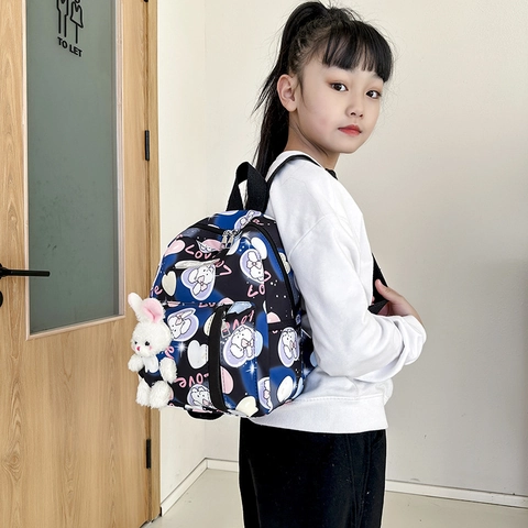 Kids Backpack Nylon Gradient Cartoon Rabbit Heart Pattern School Bag Kindergarten Toddler Girls With Plush Bunny Toy