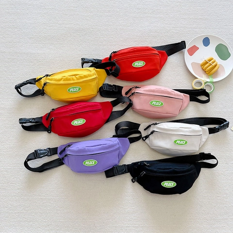 Kids Canvas Chest Bag Korean Style Crossbody Waist Pack With Adjustable Strap Peace Letter Patch For Boys Girls