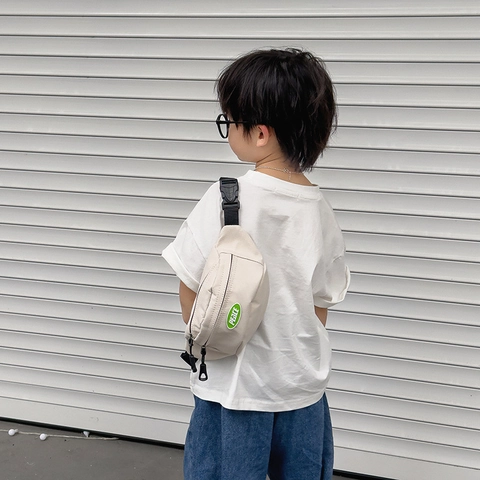 Kids Canvas Chest Bag Korean Style Crossbody Waist Pack With Adjustable Strap Peace Letter Patch For Boys Girls