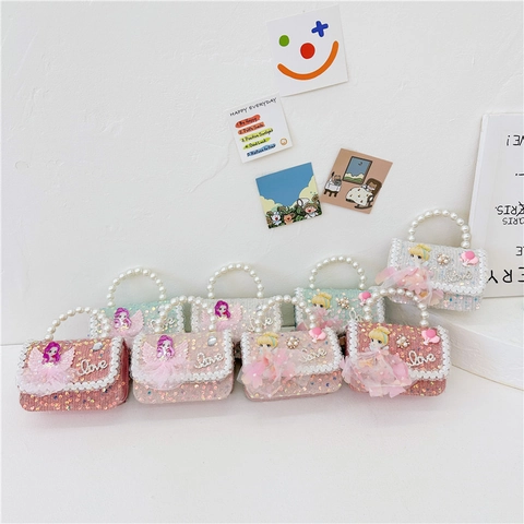 Mini Bolso De Hombro Con Lentejuelas Para Niños Princesa Asa De Perla Artificial Encaje Bolso De Mano Moda Para Niñas