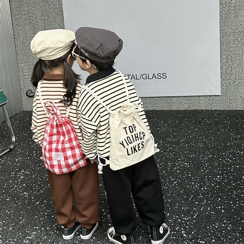 Zaino Con Coulisse In Tela Per Bambini Mini Borsa Leggera A Quadri Con Stampa Di Lettere Borsa Da Scuola Per Ragazzi Ragazze