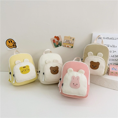 Kids Canvas Backpack Cute 3D Animal Ears Mini School Bag For Kindergarten Toddlers Korean Style Color Block Embroidery