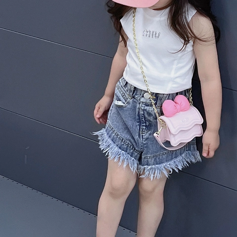 Kids Mini Crossbody Bag PU Leather Bowknot Decoration Scalloped Edge Chain Strap Cute Fashion Girls Handbag