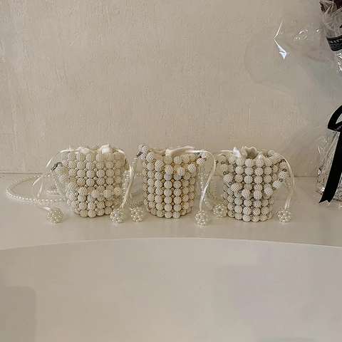 Kinder Künstliche Perlen Eimer Tasche Handgewebte Prinzessin Handtasche Mit Kordelzug Satinfutter Und Schultergurt Für Mädchen
