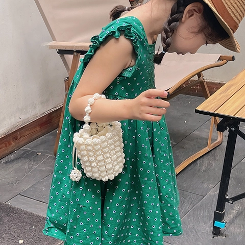 Kinder Künstliche Perlen Eimer Tasche Handgewebte Prinzessin Handtasche Mit Kordelzug Satinfutter Und Schultergurt Für Mädchen