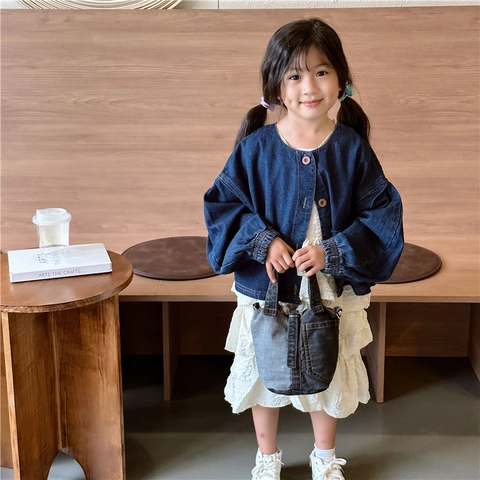 Borsa A Tracolla In Denim Per Bambini Patchwork Vintage Colore A Contrasto Cotone Secchiello Manico Tracolla Regolabile Ragazze