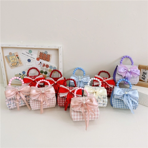Mini Borsa A Mano Tracolla Tweed Fiocco In Raso Manico Di Künstliche Perle Catena In Metallo Moda Principessa Per Bambine