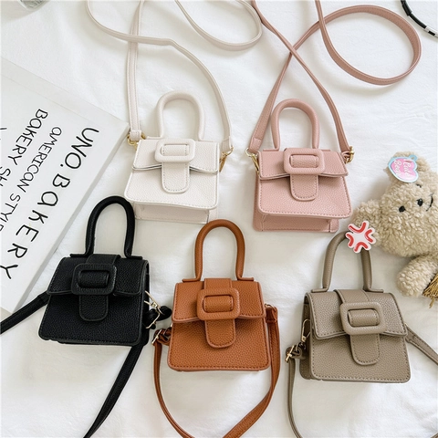 Kids Mini Crossbody Handbag PU Leather Litchi Texture Vintage Square Buckle Retro Saddle Bag Adjustable Strap Girls