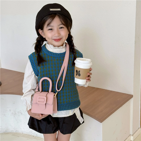 Kids Mini Crossbody Handbag PU Leather Litchi Texture Vintage Square Buckle Retro Saddle Bag Adjustable Strap Girls