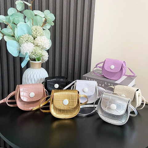 Kids Mini Crossbody Bag Croc Embossed PU Leather Toddler Girls Small Square Purse With White Round Button Decoration