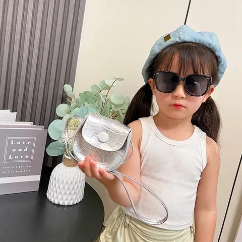 Kids Mini Crossbody Bag Croc Embossed PU Leather Toddler Girls Small Square Purse With White Round Button Decoration