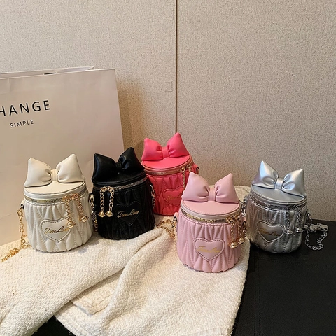 Mädchen Kinder Schultertasche PU Leder Schleife Herz Gesteppt Metallkette Zylindrische Eimer Kleinkind Mode Handtasche