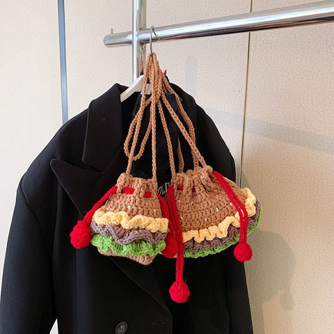 Borsa A Tracolla Burger All'Uncinetto Fatta A Mano Borsa In Maglia Con Coulisse Novità Moda Borsa A Spalla