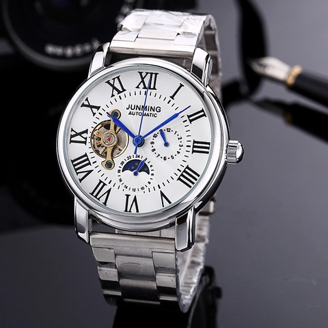 Orologio Meccanico Automatico Da Uomo Cinturino In Acciaio Inossidabile Impermeabile Fase Lunare Scheletro Numeri Romani Affari