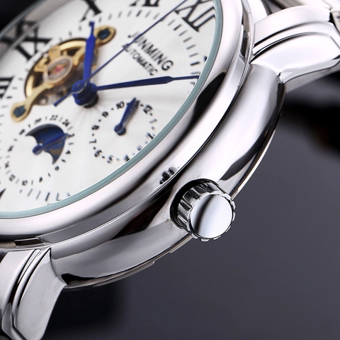 Orologio Meccanico Automatico Da Uomo Cinturino In Acciaio Inossidabile Impermeabile Fase Lunare Scheletro Numeri Romani Affari