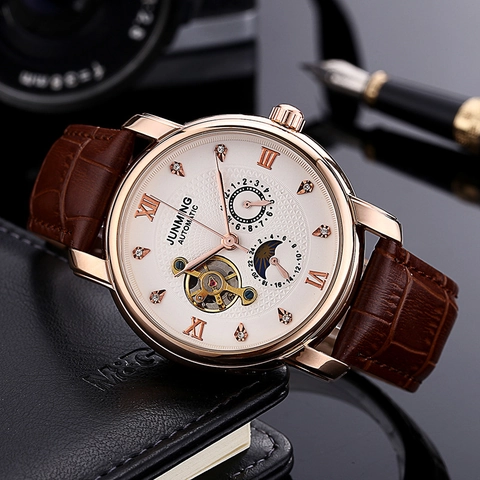 Men Automatic Mechanical Watch Business Leather Strap Waterproof Moon Phase Skeleton Dial Rhinestone Luxury Formal