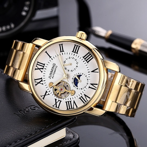 Men Automatic Mechanical Watch Luxury Business Gold Stainless Steel Waterproof Skeleton Moon Phase Roman Numeral Wristwatch