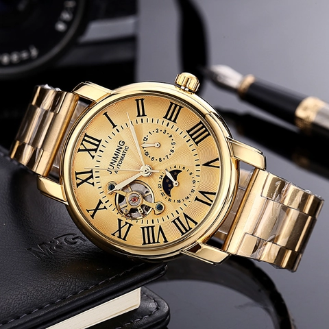 Men Automatic Mechanical Watch Luxury Business Gold Stainless Steel Waterproof Skeleton Moon Phase Roman Numeral Wristwatch