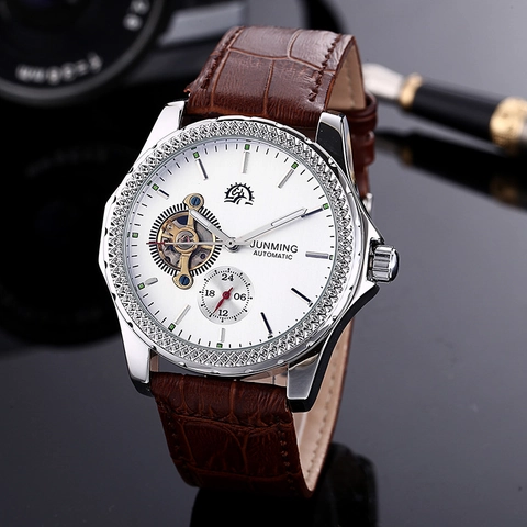 Automatic Mechanical Watch Stainless Steel Case Leather Strap Skeleton Open Heart Sub Dial Waterproof Business Men Wristwatch