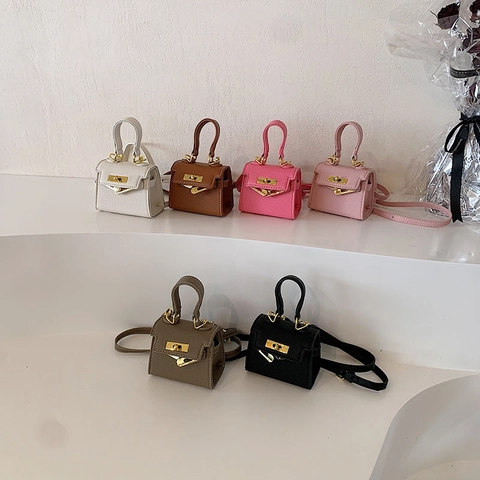 Kids Girls Mini Handbag Crossbody Bag PU Leather Lychee Pattern Fashionable Gold Turn-Lock Shoulder Bag