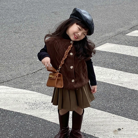 Kids Girls Mini Handbag Crossbody Bag PU Leather Lychee Pattern Fashionable Gold Turn-Lock Shoulder Bag