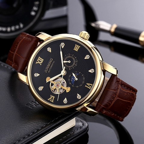 Orologio Meccanico Automatico da Uomo Business Lusso in Acciaio Inossidabile Cinturino in Vera Pelle Scheletrato Numeri Romani Strass Tourbillon per Ufficio