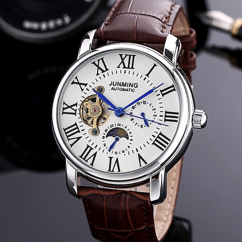 Men's Automatic Mechanical Watch Business Luxury Waterproof Leather Strap Roman Numerals Moon Phase Skeleton Dial