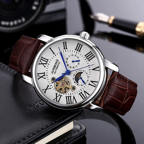 Men's Automatic Mechanical Watch Business Luxury Waterproof Leather Strap Roman Numerals Moon Phase Skeleton Dial
