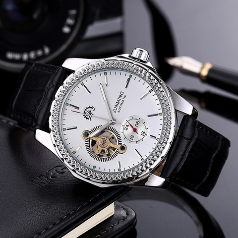 Automatic Mechanical Watch Stainless Steel Case Leather Strap Skeleton Open Heart Sub Dial Waterproof Business Men Wristwatch