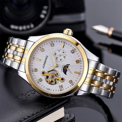 Men's Automatic Mechanical Watch Stainless Steel Moon Phase Open Heart Business Luxury Water Resistant Wristwatch