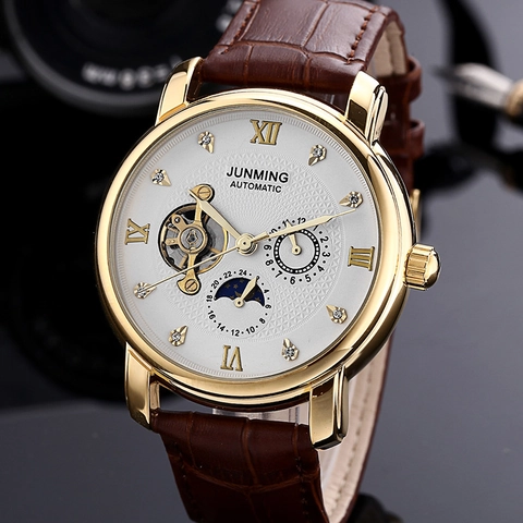 Luxury Men Automatic Mechanical Watch Waterproof Leather Strap Skeleton Business Moon Phase Rhinestones Wristwatch