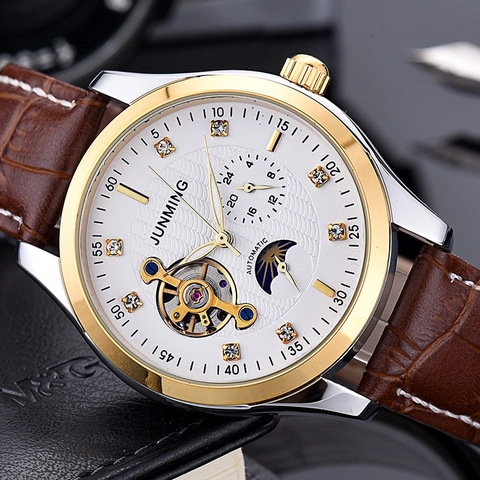 Men's Automatic Mechanical Watch Skeleton Tourbillon Moon Phase Waterproof Leather Strap Business Luxury Wristwatch Rhinestone