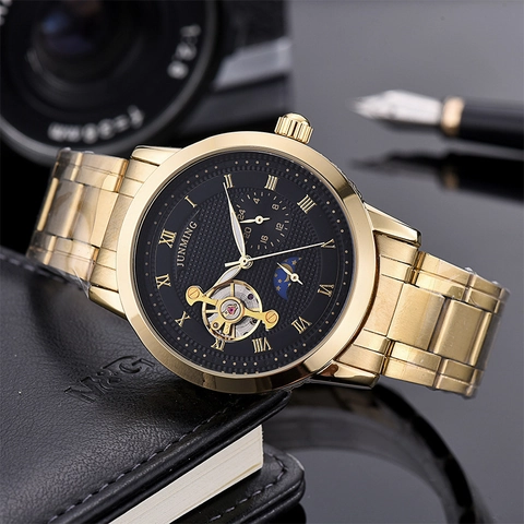 Mens Automatic Mechanical Watch Stainless Steel Moon Phase Day Night Indicator Open Heart Roman Numerals Business Fashion
