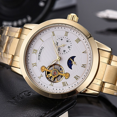 Mens Automatic Mechanical Watch Stainless Steel Moon Phase Day Night Indicator Open Heart Roman Numerals Business Fashion