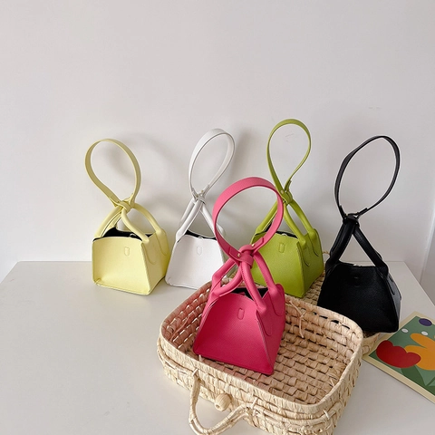 Mini Bolso De Mano Para Niñas Cuero PU Asa De Nudo Bolso Bandolera Moda Color Sólido Accesorio